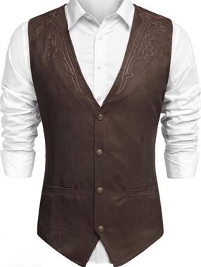 Coofandy NWT Men's Suede Look Western Vest Brown Embroidered